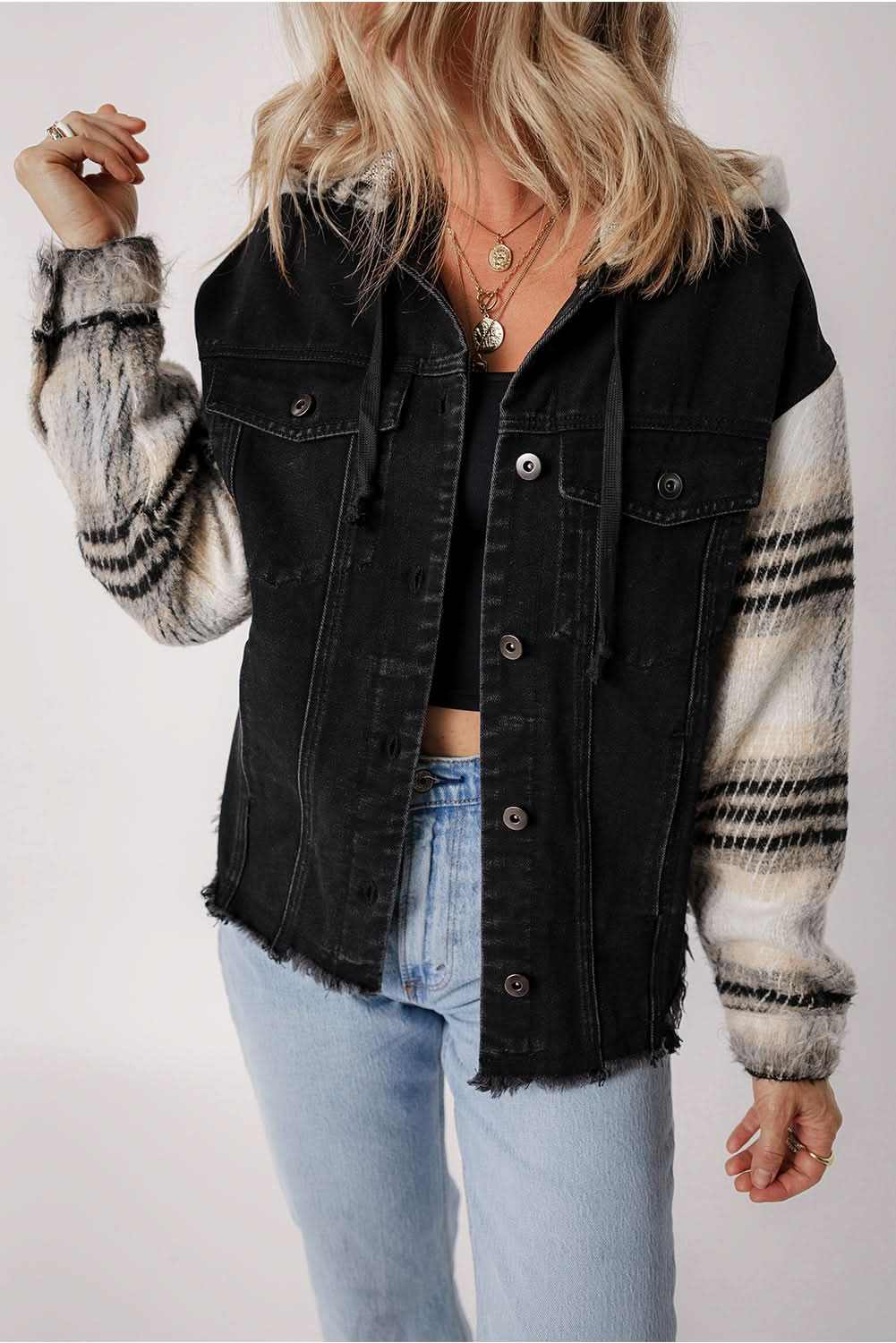 Black Plaid Sleeve Frayed Hem Hooded Denim Jacket - Love Salve